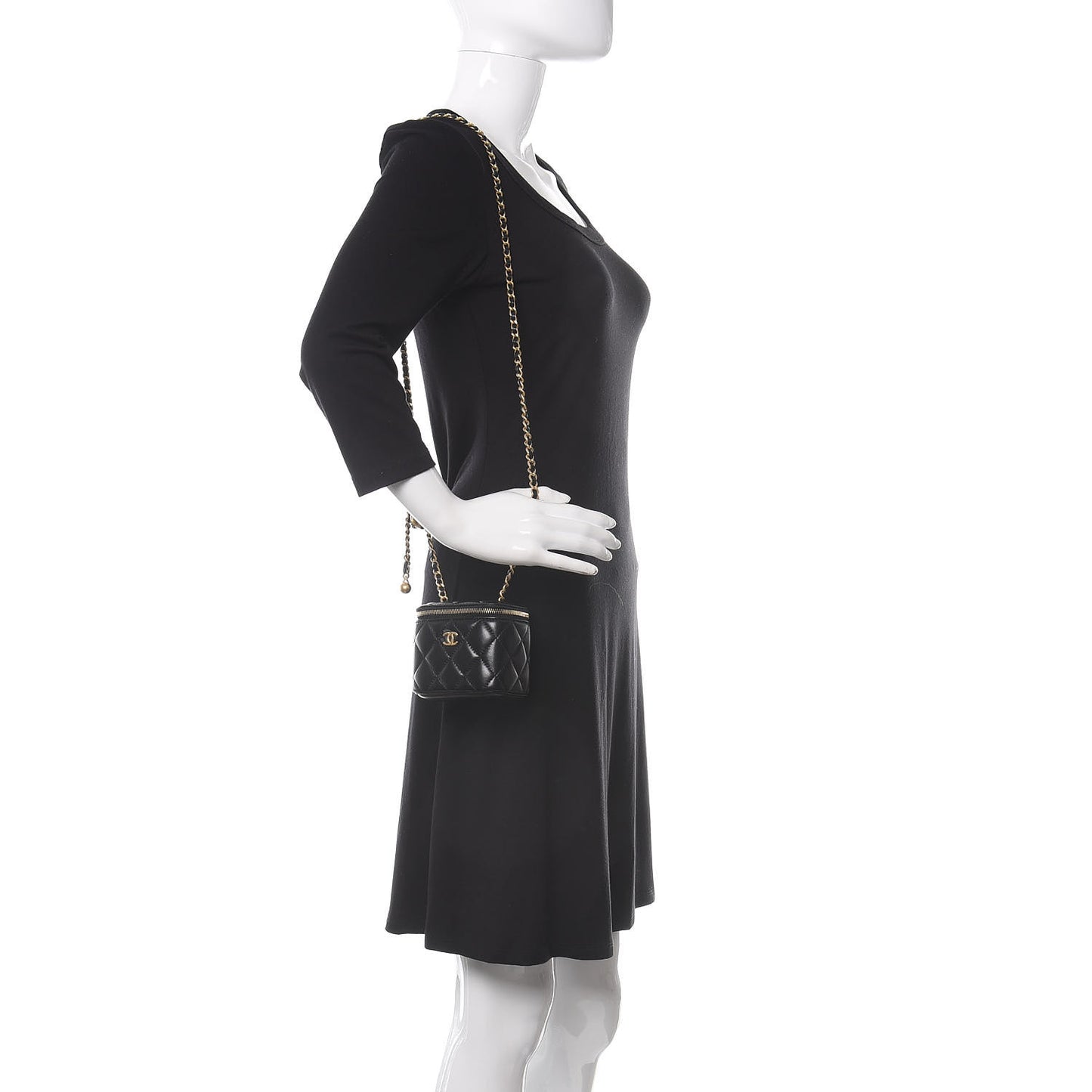 Lambskin Quilted Mini Pearl Crush Vanity Case With Chain Black