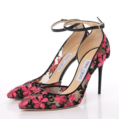 Jimmy Choo Flower Embroidered Lace Lucy 100 Pumps 37.5 Black Dahlia 3 of 16