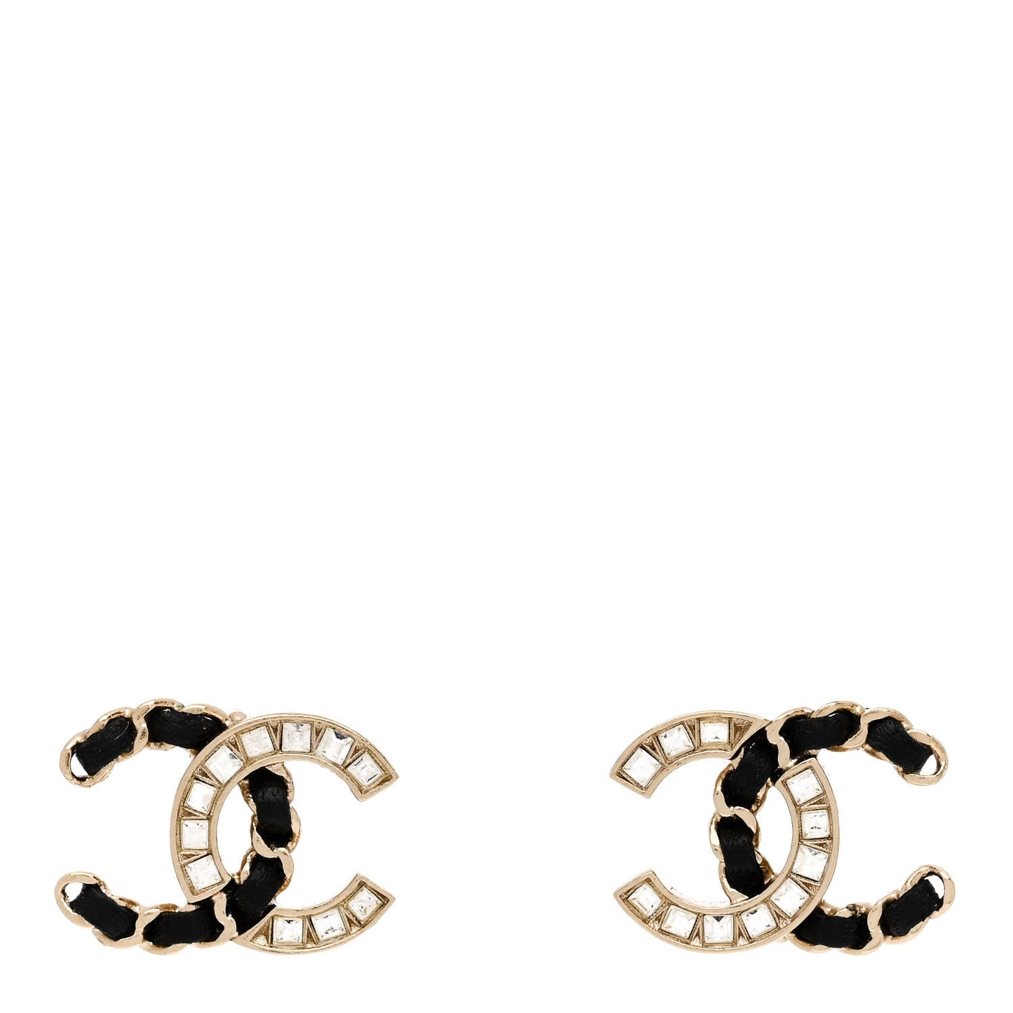Crystal Baguette Lambskin Chain CC Vintage Allure Stud Earrings Black Gold
