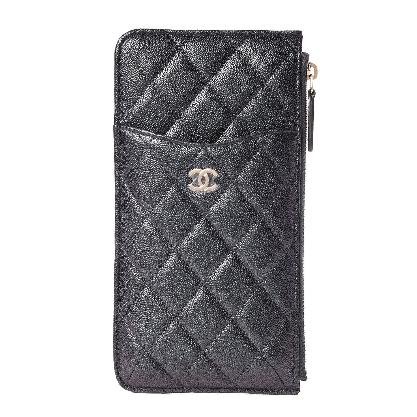 Iridescent Caviar Quilted Classic Flat Wallet Pouch Black