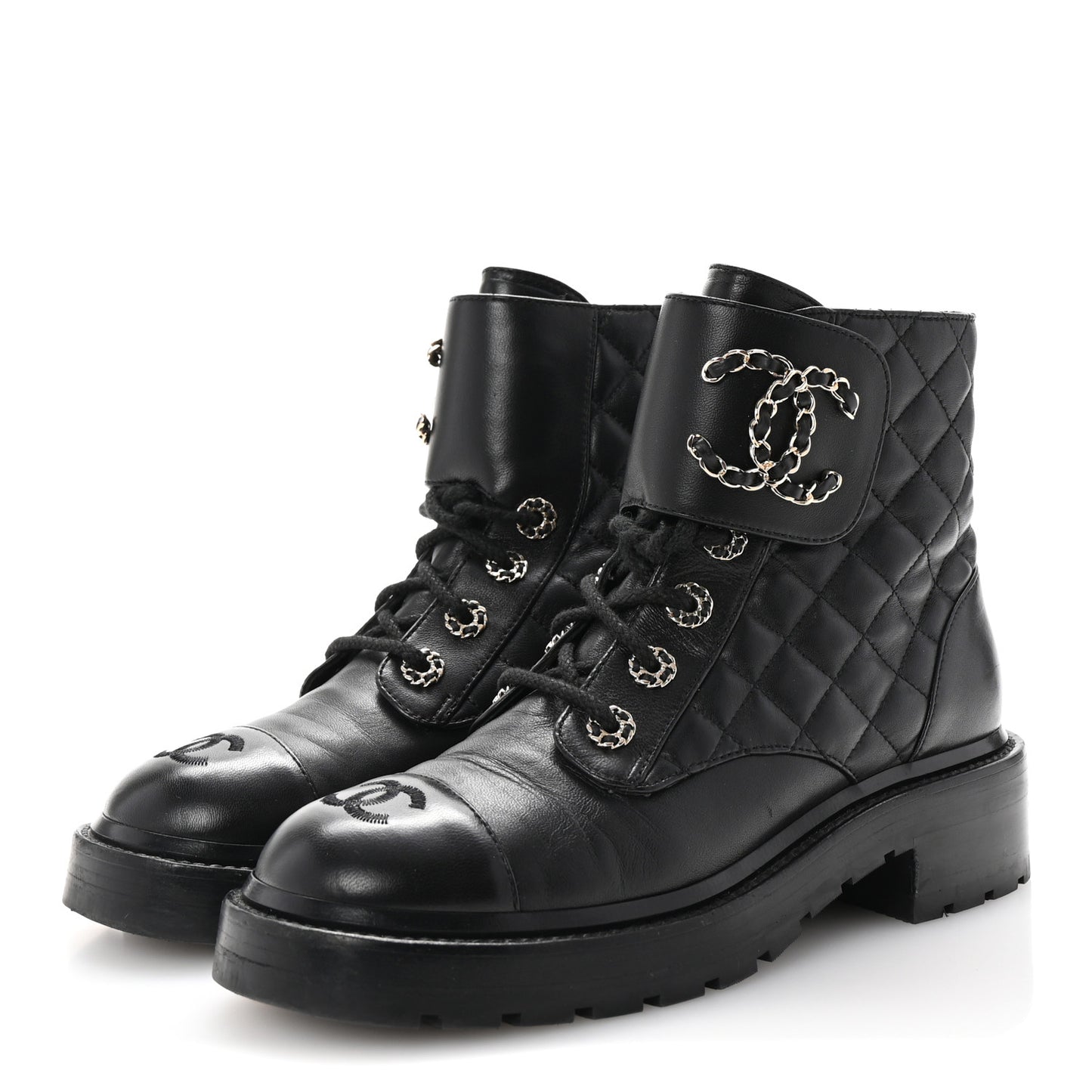 Shiny Lambskin Quilted Lace Up Combat Boots 37 Black
