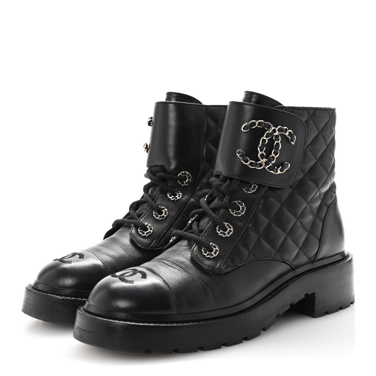 Chanel Shiny Lambskin Quilted Lace Up Combat Boots 37 Black 4 of 10