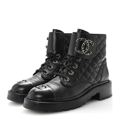 Chanel Shiny Lambskin Quilted Lace Up Combat Boots 37 Black 4 of 10