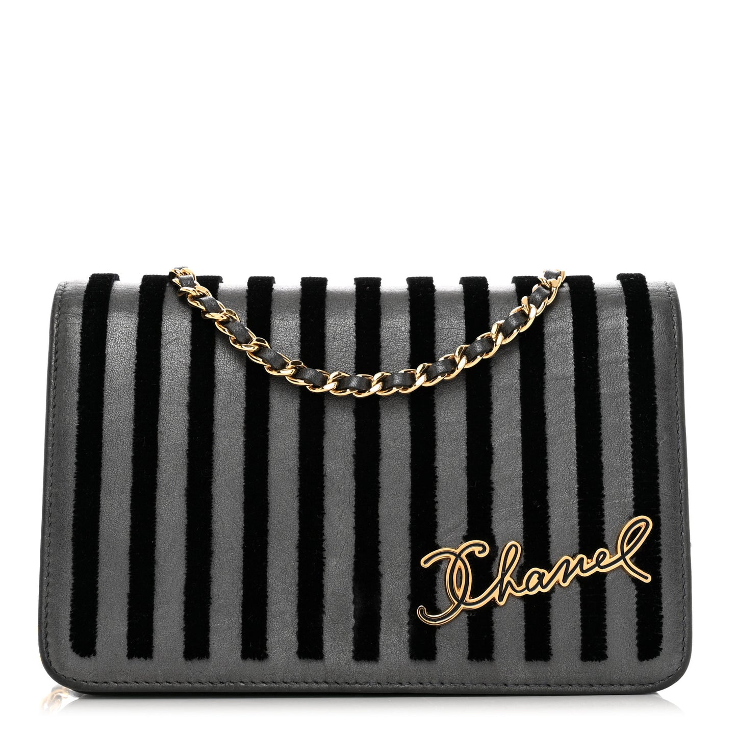 Iridescent Calfskin Velvet Stripe Wallet On Chain WOC Charcoal