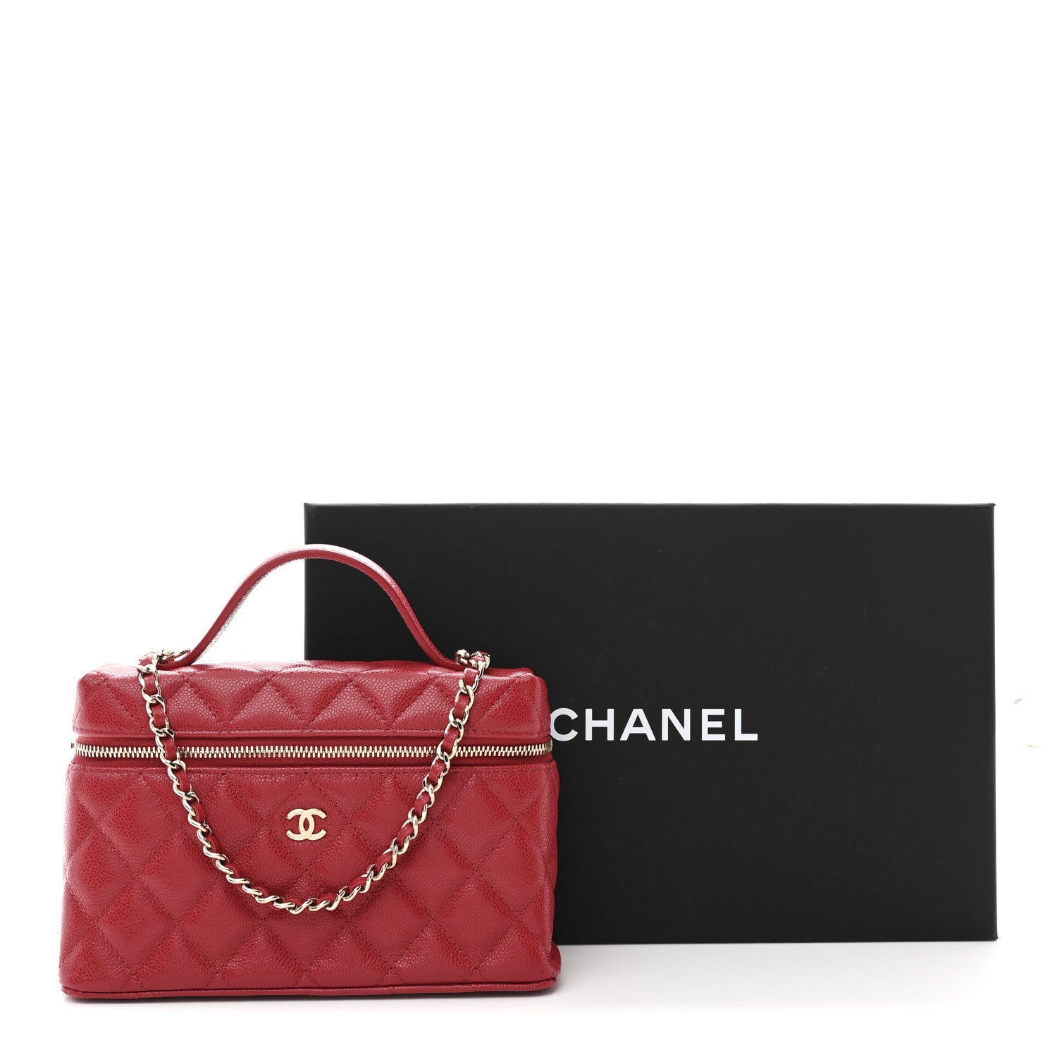 Chanel Caviar Quilted Top Handle Slim Vanity With Chain Red 11 of 11