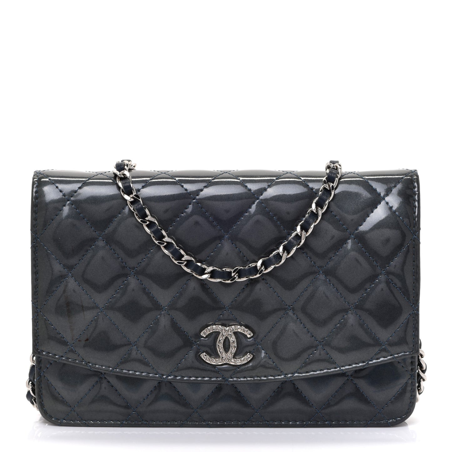 Patent Quilted Brilliant Wallet On Chain WOC Dark Blue