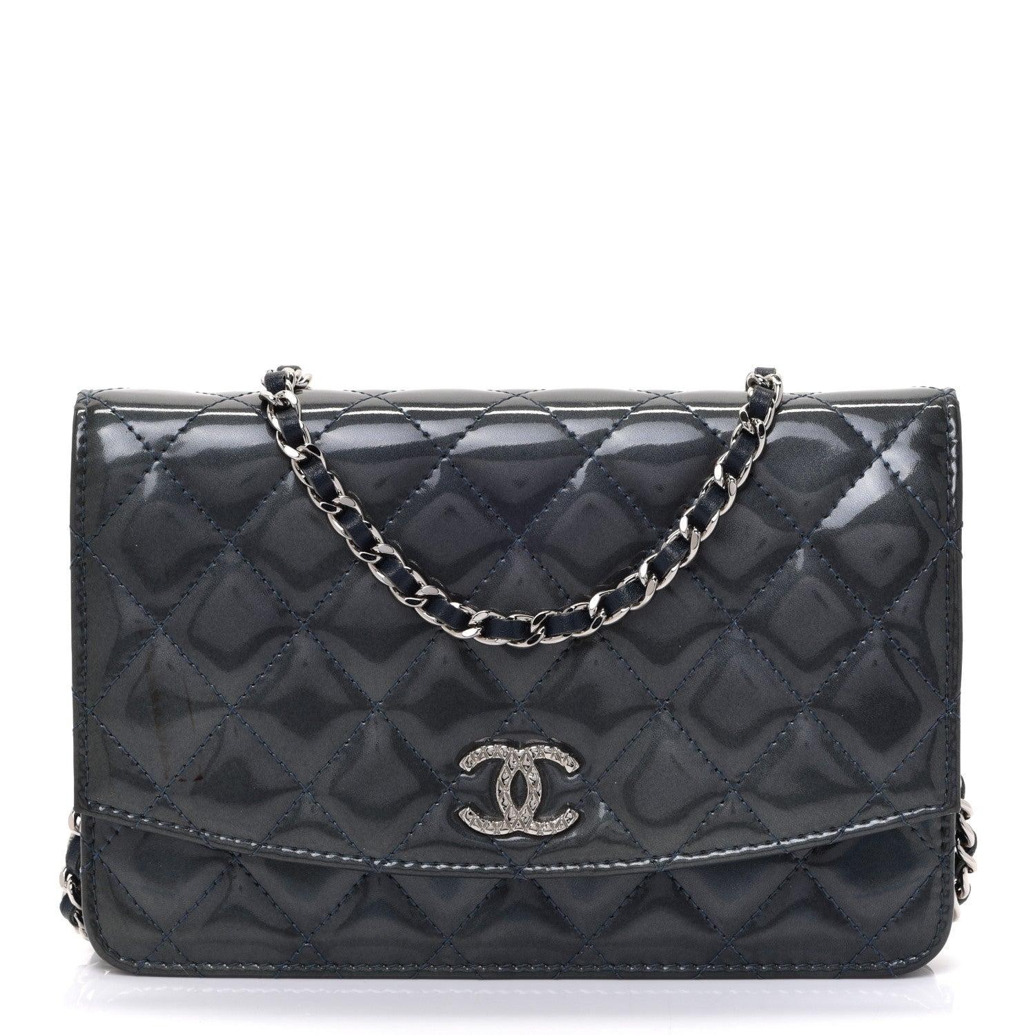 Chanel Patent Quilted Brilliant Wallet On Chain WOC Dark Blue 1 of 14