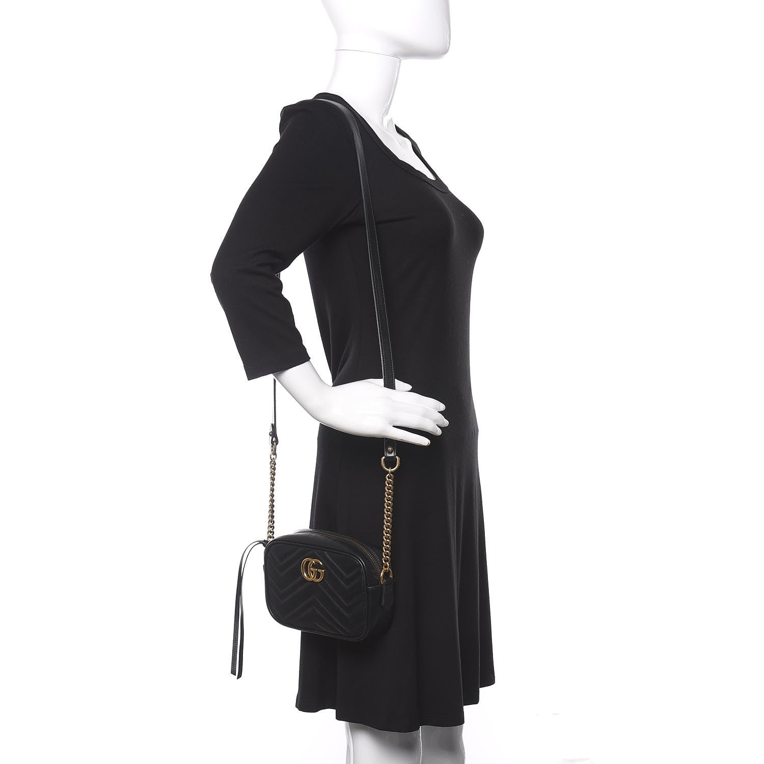 Gucci Calfskin Matelasse Mini GG Marmont Chain Shoulder Bag Black 2 of 11