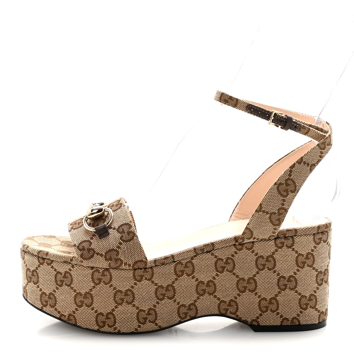 Gucci Monogram Nappa Chalotte Horsebit Ankle Strap 75mm Flatform Sandals 37.5 Beige Ebony 1 of 9