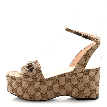 Gucci Monogram Nappa Chalotte Horsebit Ankle Strap 75mm Flatform Sandals 37.5 Beige Ebony 1 of 9