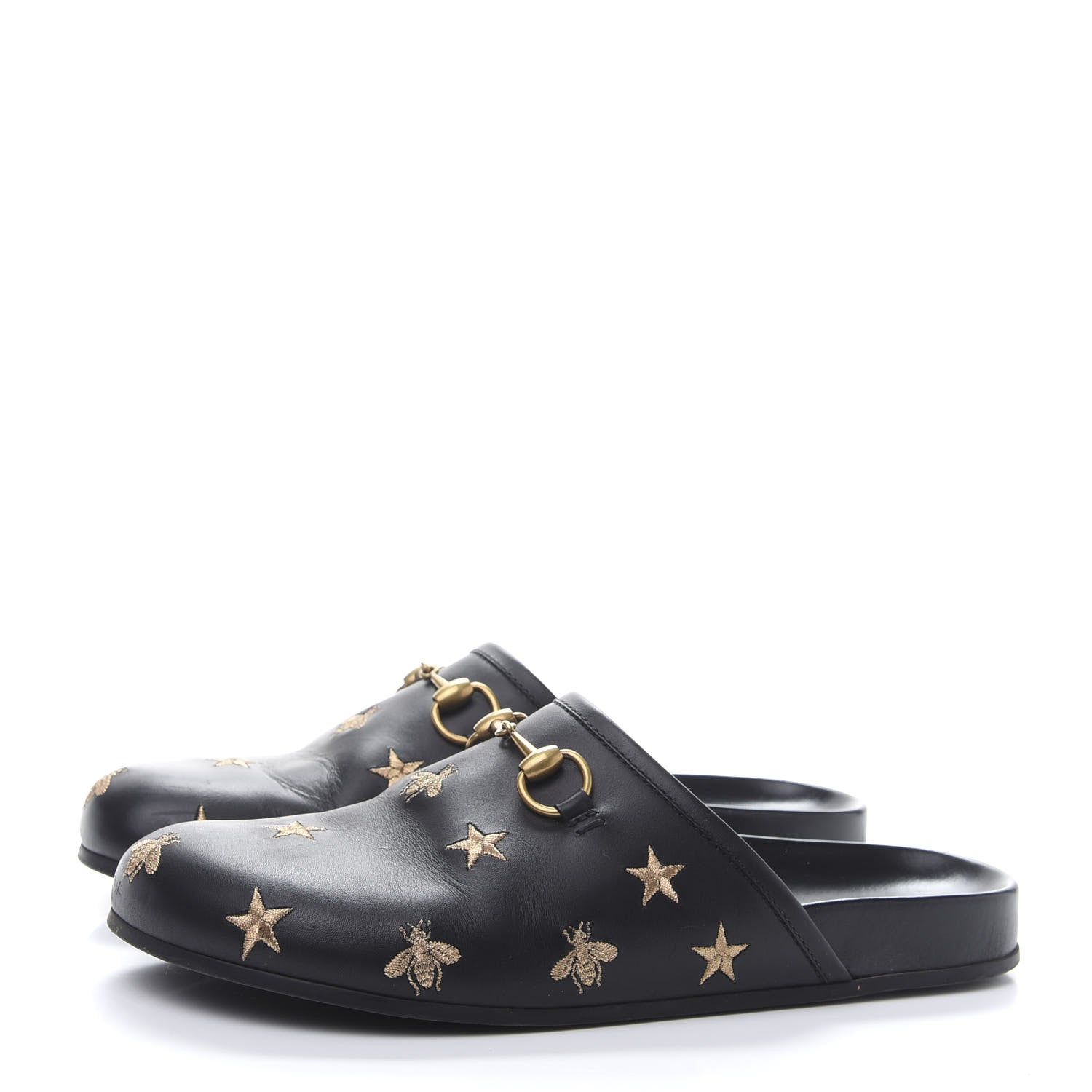 Gucci Calfskin Bee Star Embroidered Mens Horsebit River Slippers 8 Black 3 of 8