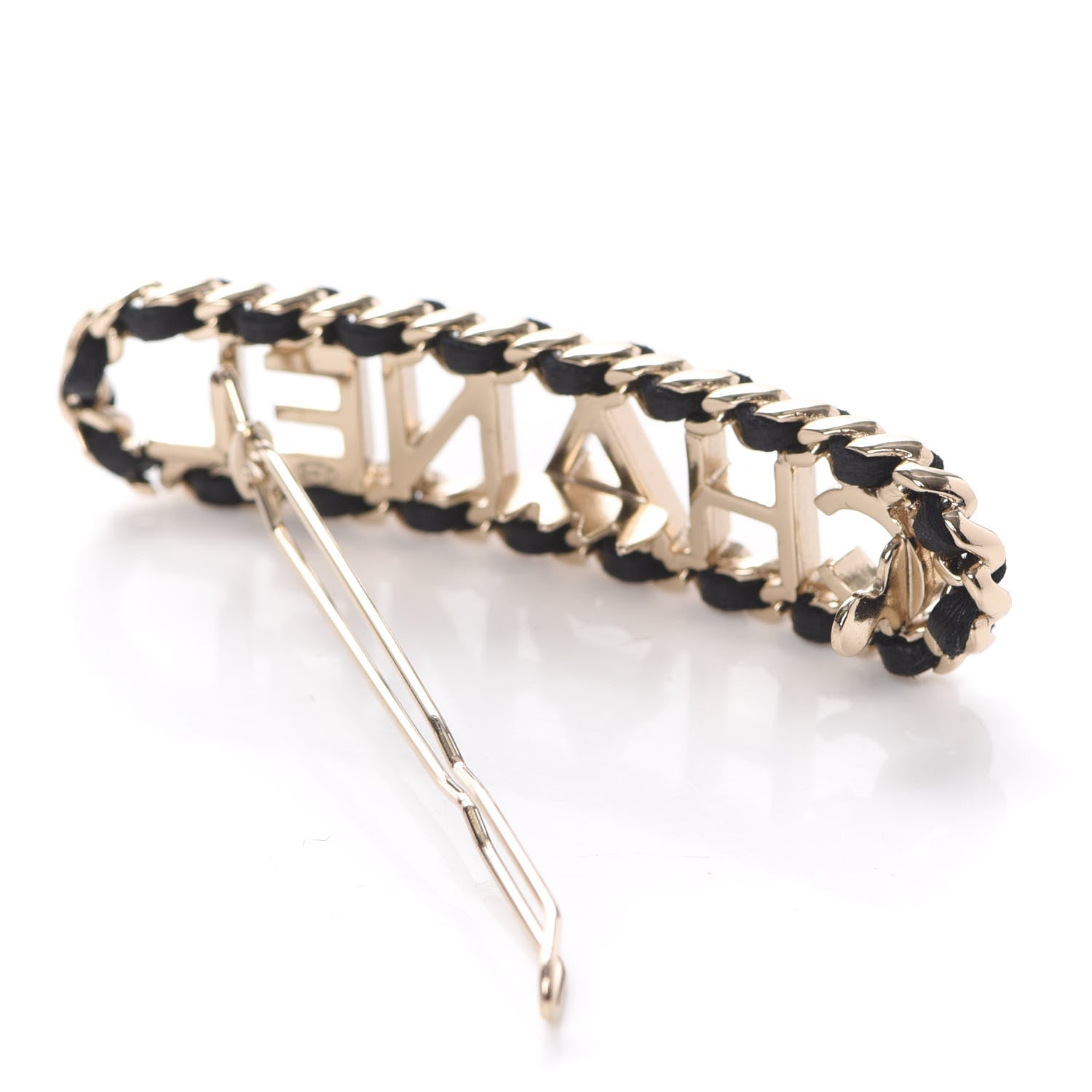 Chanel Metal Lambskin Vintage Allure Logo Hair Clip Black Gold 3 of 5