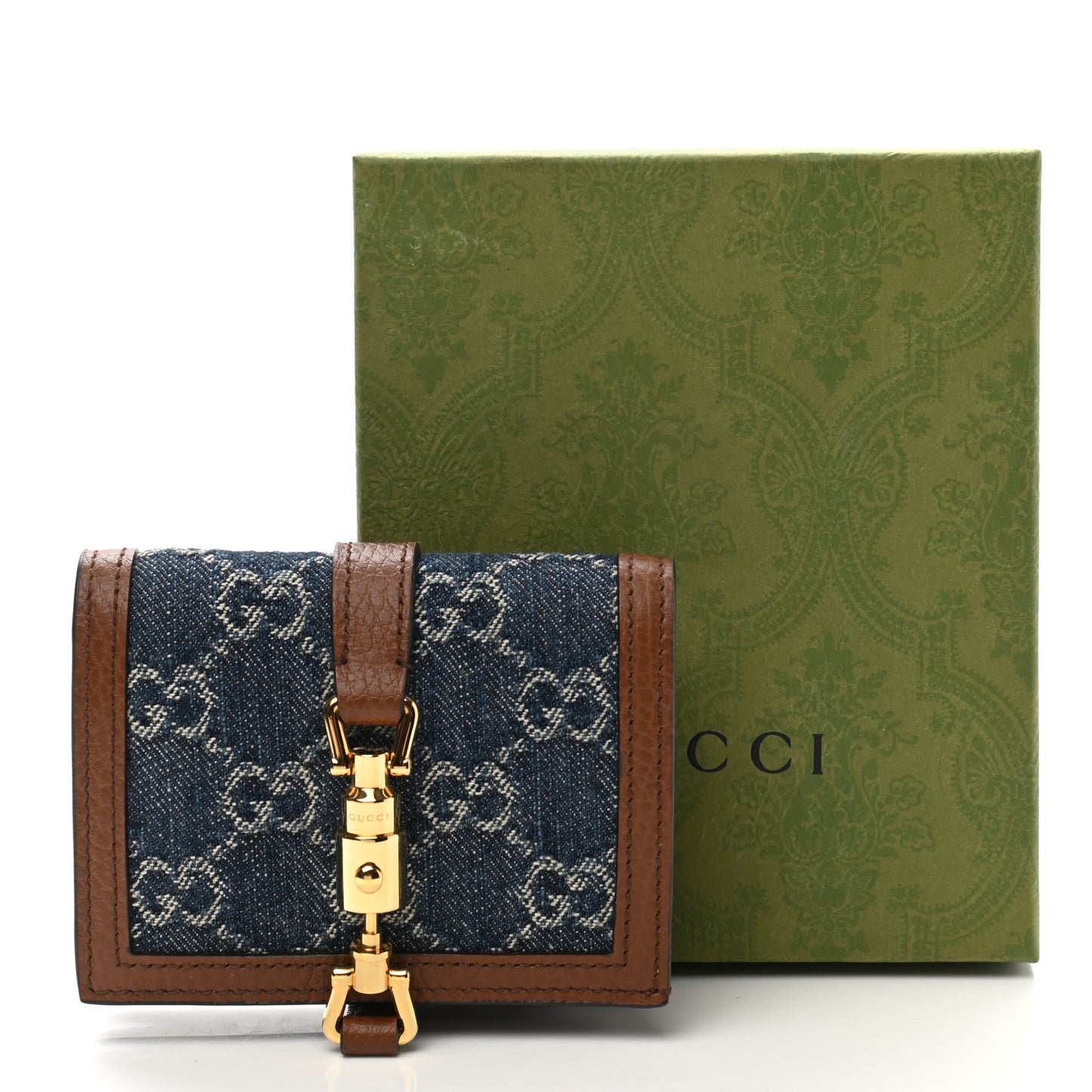 New Denim GG Monogram Jackie 1961 Card Case Blue Tea Cuir