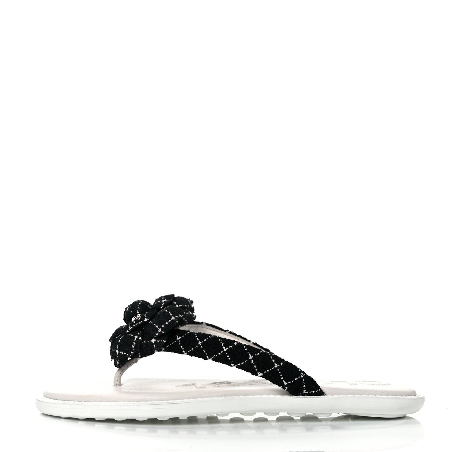 Chanel Tweed Quilted Camellia Thong Sandals 37.5 Black White 1 of 8