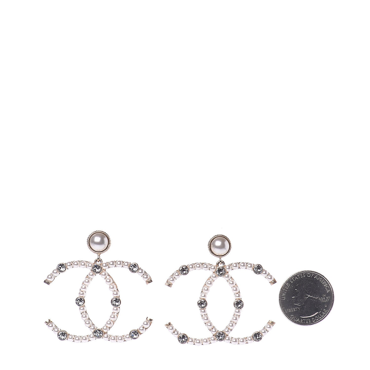 Chanel Crystal Pearl Large CC Drop Earrings Light Gold 2 of 5
