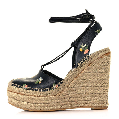 Saint Laurent Floral Print Espadrille Lace-Up Wedges 37 Black 1 of 10