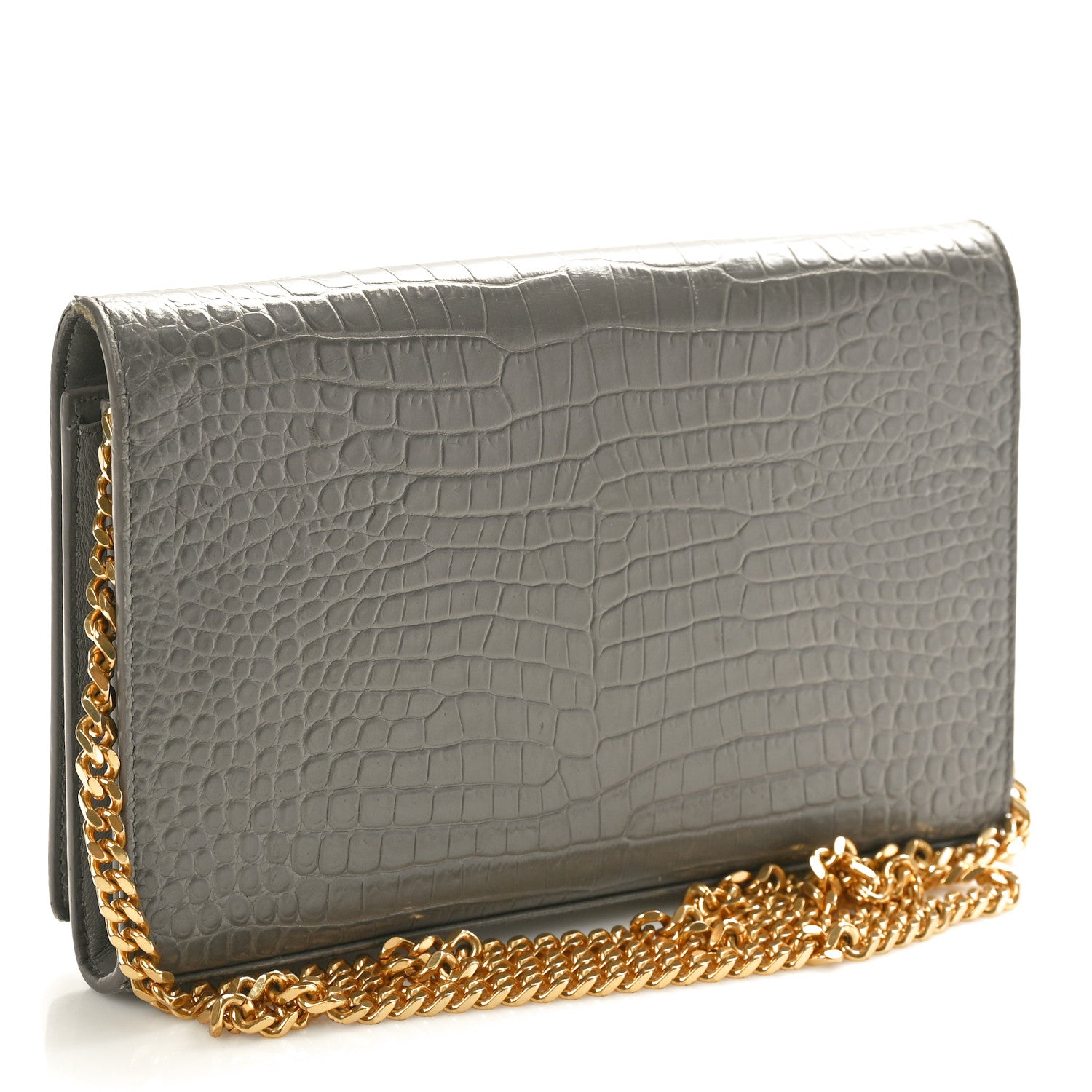 Saint Laurent Calfskin Crocodile Embossed Monogram Chain Wallet Fog 4 of 11
