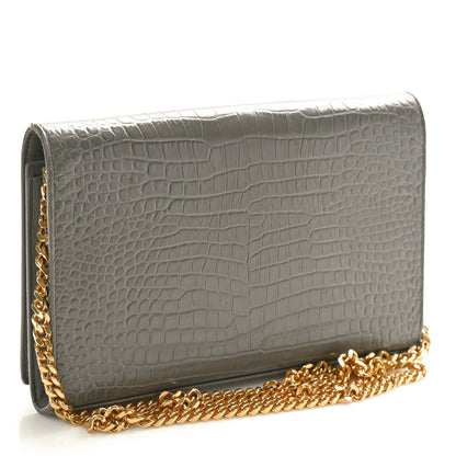 Saint Laurent Calfskin Crocodile Embossed Monogram Chain Wallet Fog 4 of 11