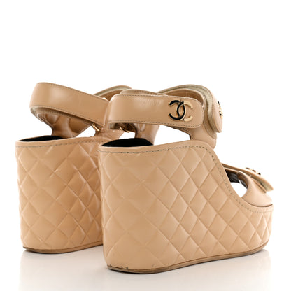 Chanel Shiny Calfskin Quilted Wedge Sandals 37 Beige 4 of 9