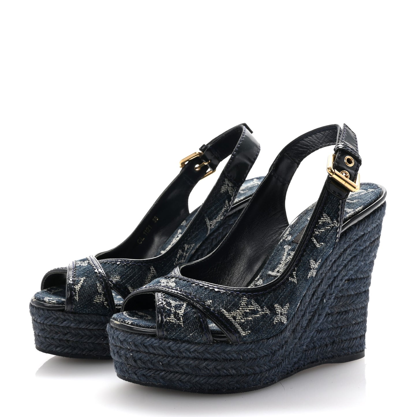 Denim Patent Espadrille Wedges 35 Blue