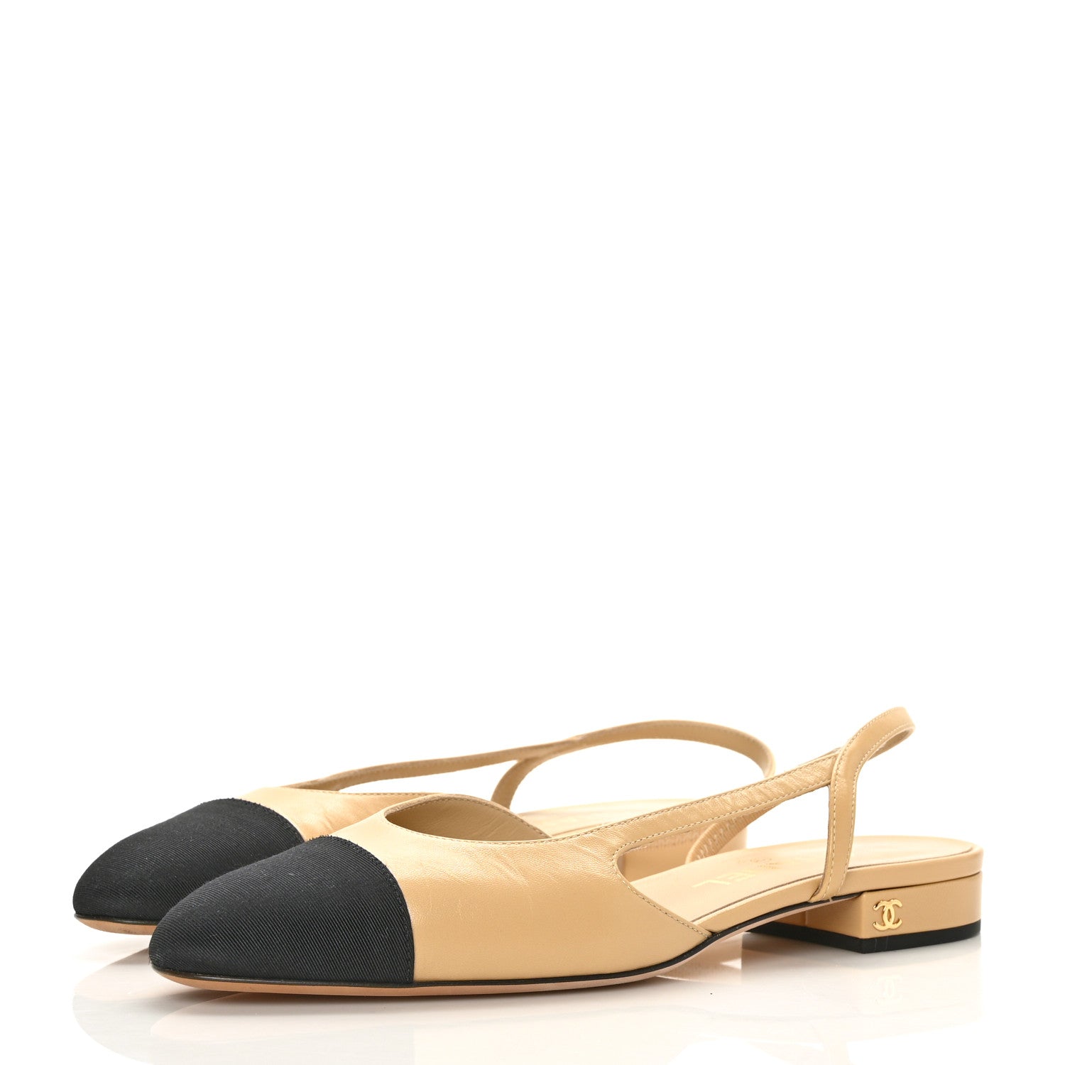 Chanel Lambskin Grosgrain Cap Toe CC Slingback Sandals 37 Beige Black 3 of 8