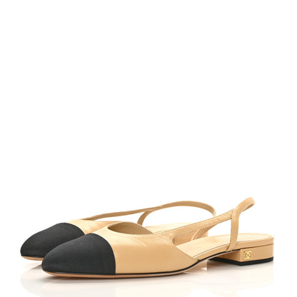 Chanel Lambskin Grosgrain Cap Toe CC Slingback Sandals 37 Beige Black 3 of 8