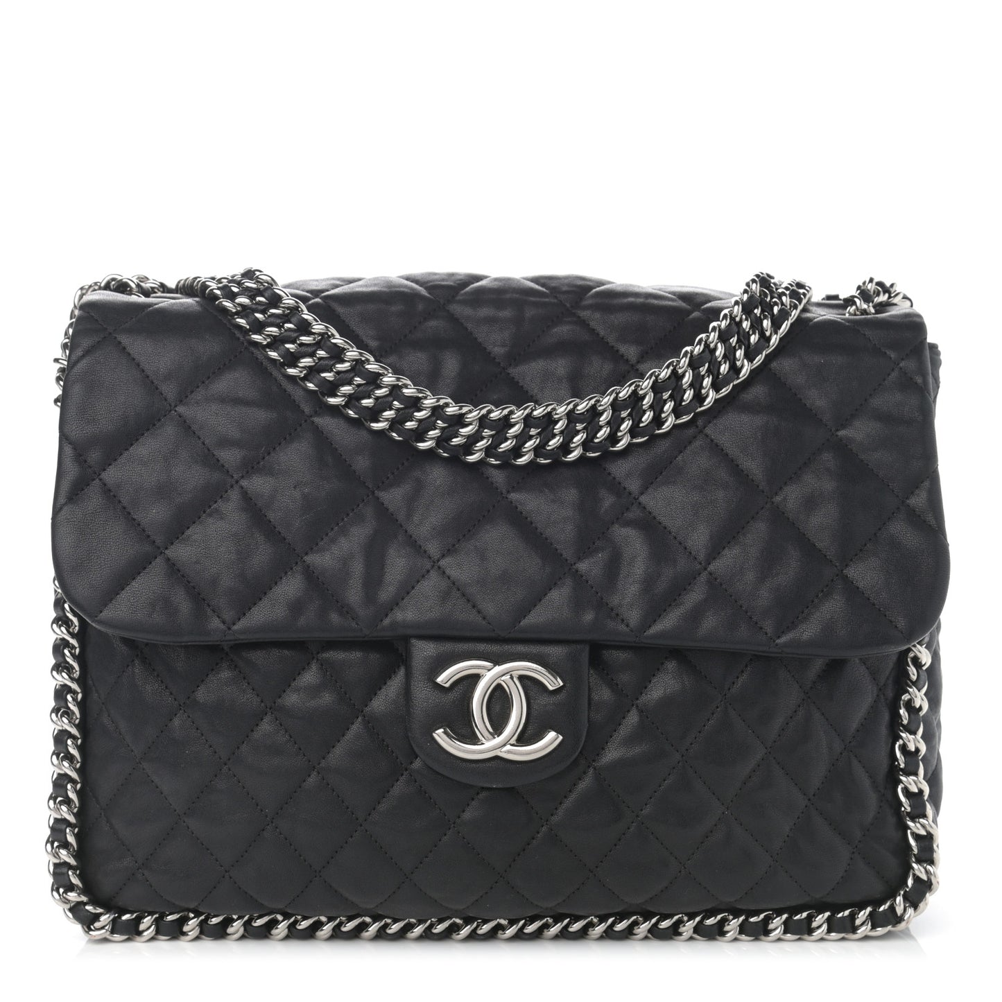 Washed Lambskin Quilted Maxi Chain Around Flap Black