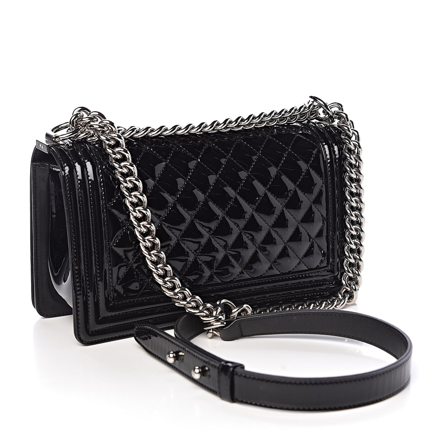 Patent Calfskin Quilted Medium Plexiglass Boy Flap Black