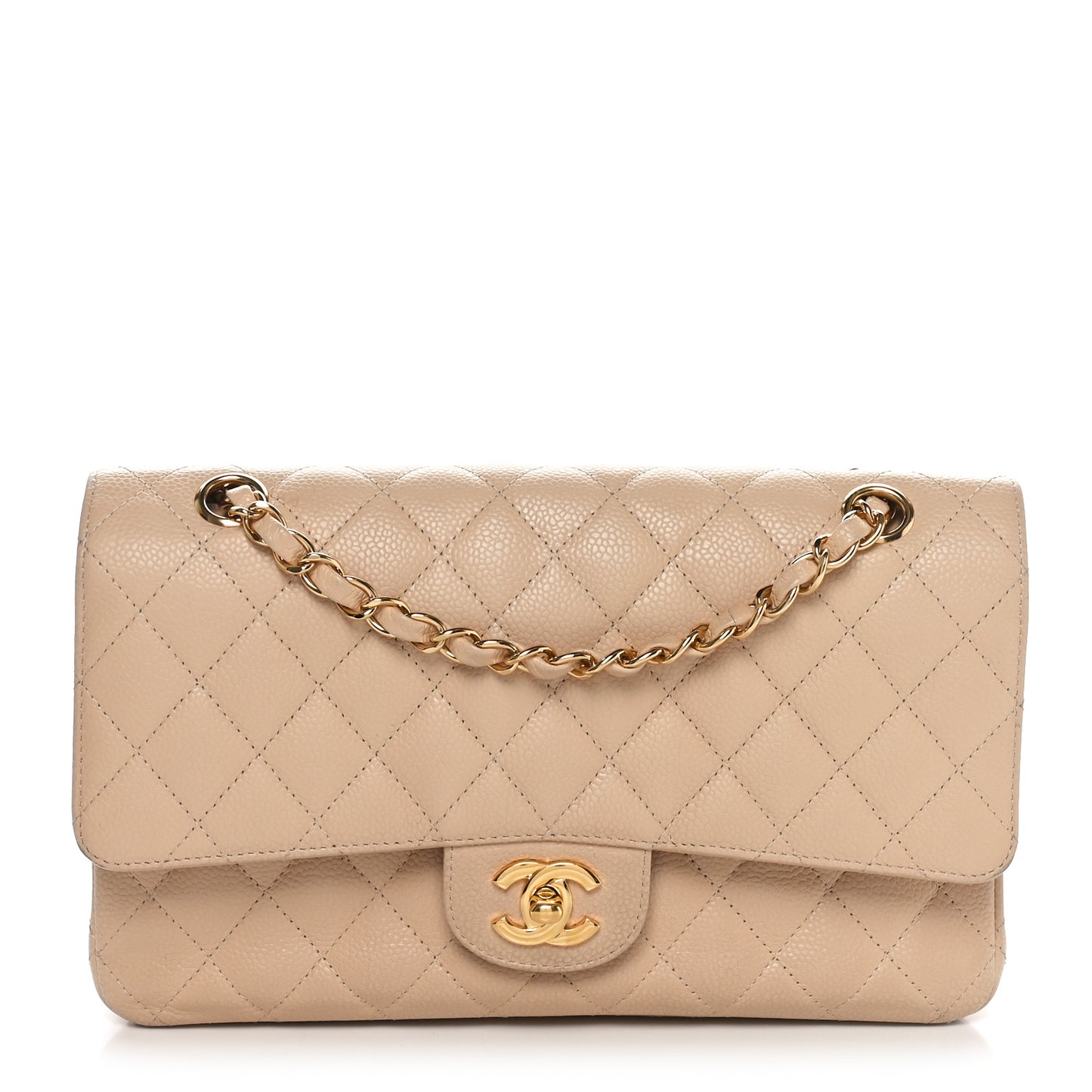 Caviar Quilted Medium Double Flap Beige