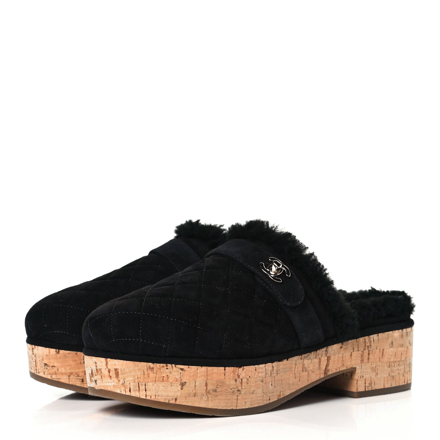 Suede Calfskin Shearling Turn Lock Clogs 39 Black