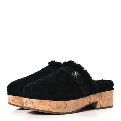 Chanel Suede Calfskin Shearling Turn Lock Clogs 39 Black 7 of 19