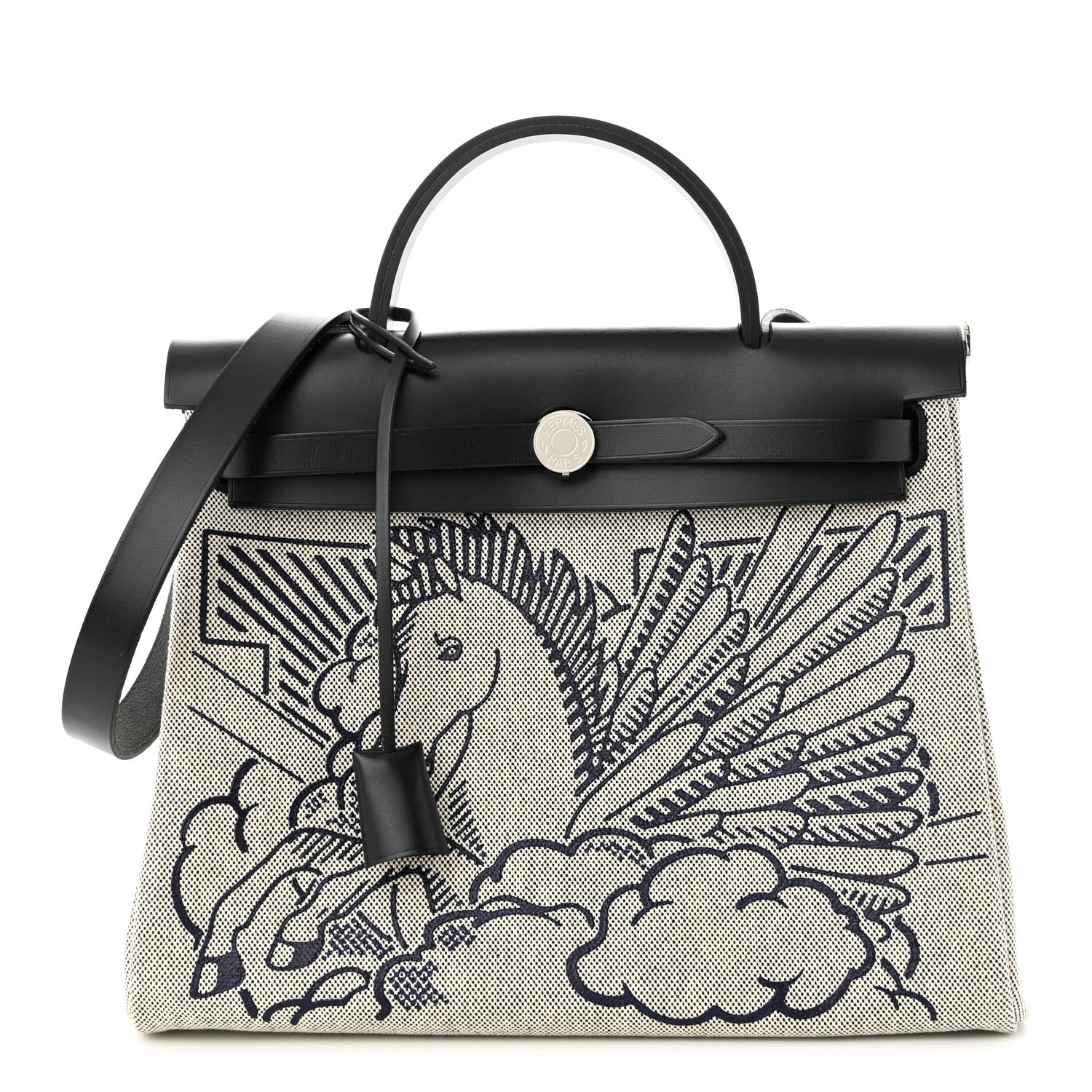 Hermes Vache Hunter Toile H Pegase Pop Herbag Zip Retourne 31 PM Bleu Indigo Ecru Black 3 of 12