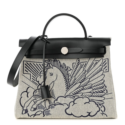 Hermes Vache Hunter Toile H Pegase Pop Herbag Zip Retourne 31 PM Bleu Indigo Ecru Black 3 of 12