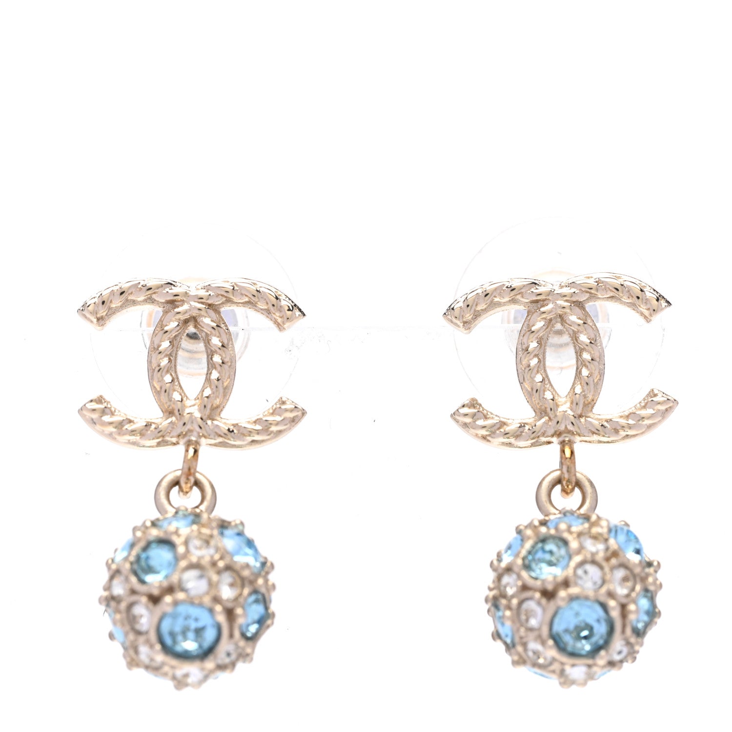 Chanel Crystal CC Ball Drop Earrings Gold Blue 1 of 5
