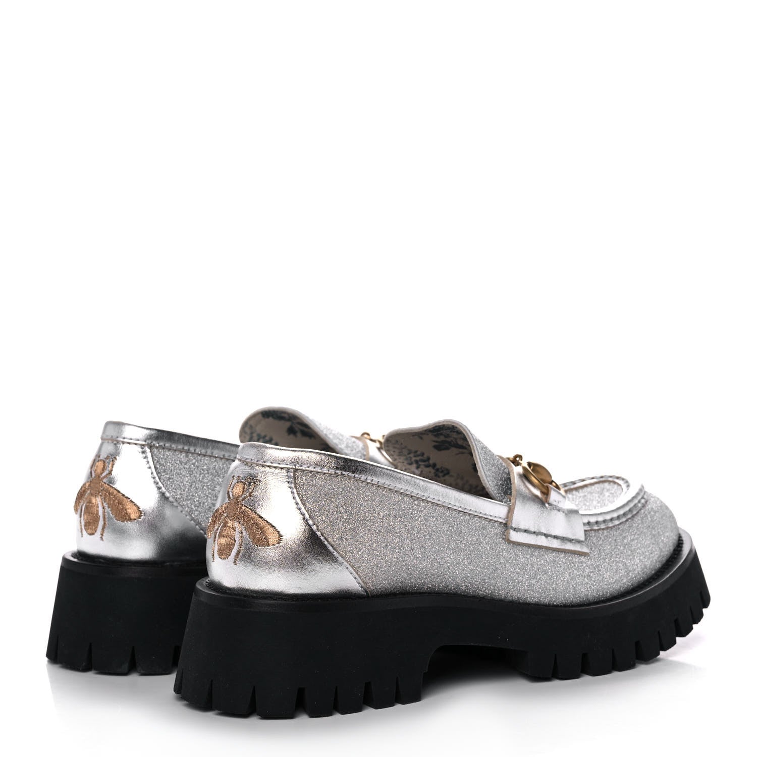 Gucci Mini Diamond Storm Silk Calfskin Womens Harald Horsebit 25mm Platform Loafers 36 Silver 4 of 11