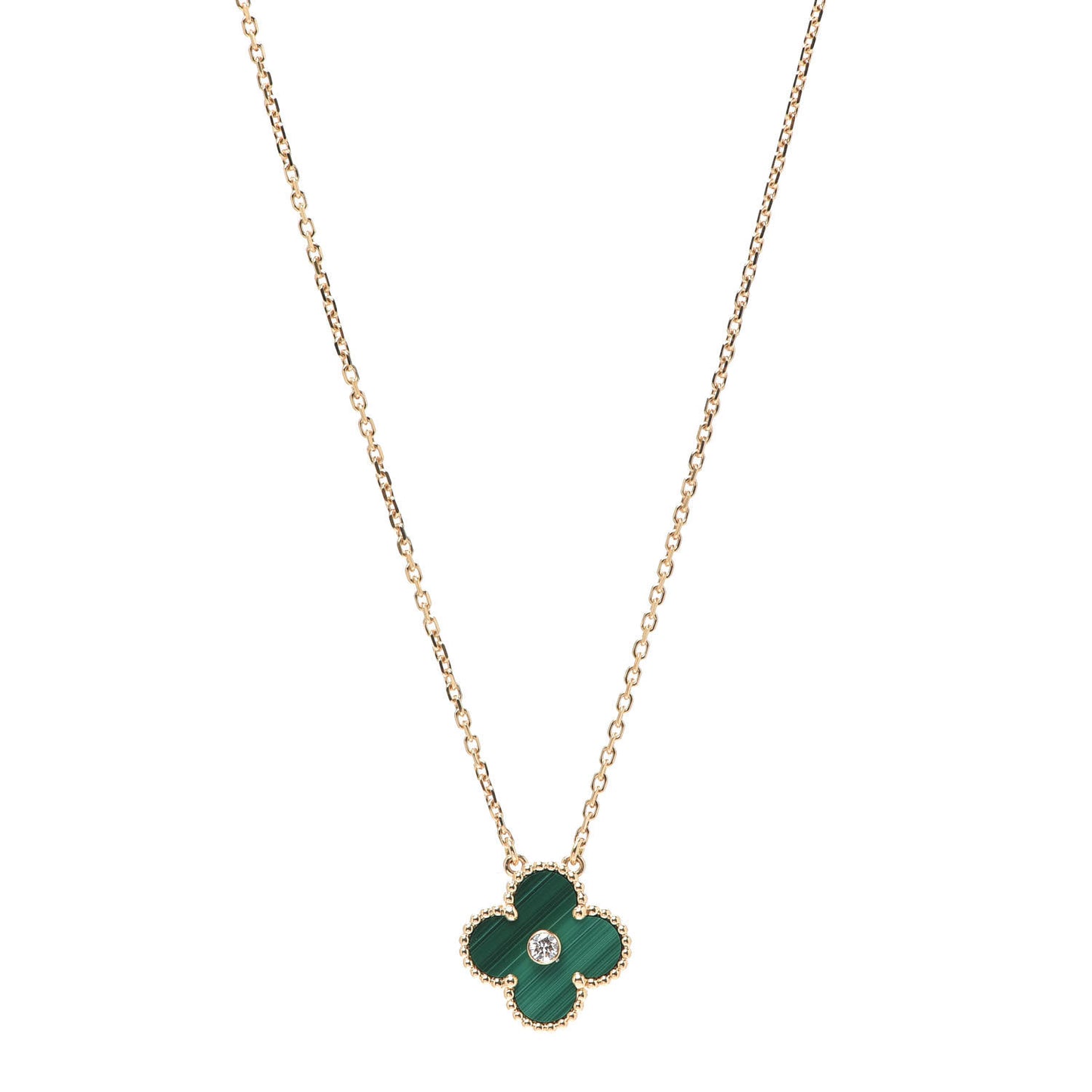 18K Yellow Gold Diamond Malachite Vintage Alhambra Pendant Necklace