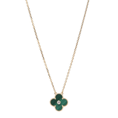 Van Cleef & Arpels 18K Yellow Gold Diamond Malachite Vintage Alhambra Pendant Necklace 1 of 6