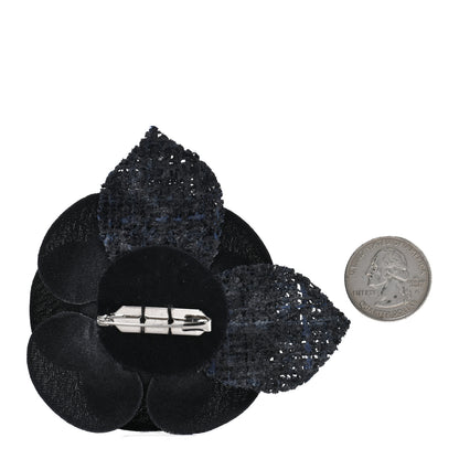 Chanel Tweed Fabric Camellia Pin Brooch Navy Blue Black 2 of 3