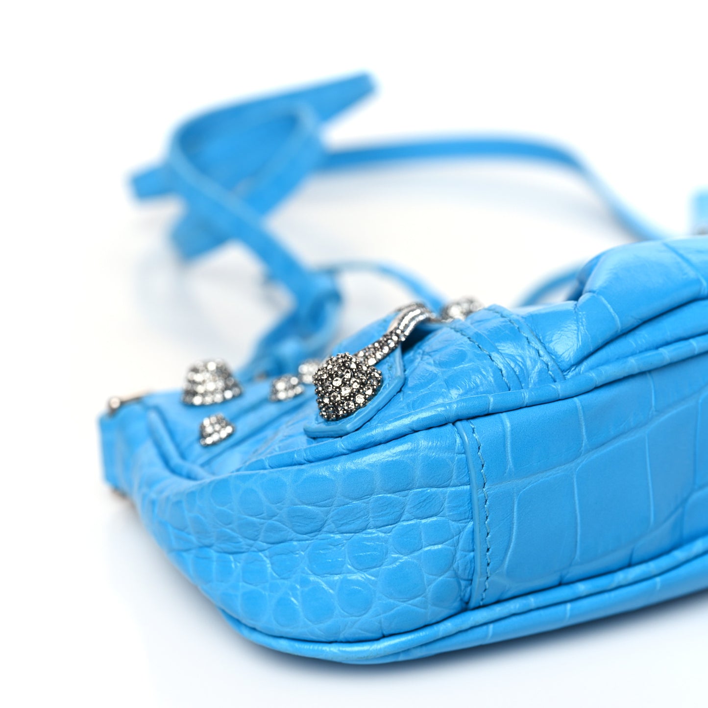 Extra Supple Calfskin Crocodile Embossed Crystal Mini Le Cagole Purse With Chain Cyan