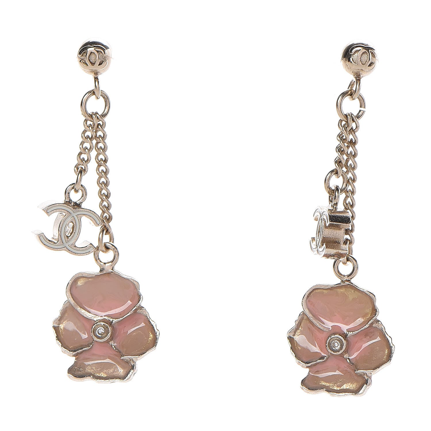 Chanel Enamel Crystal CC Camellia Drop Earrings Pink Gold 1 of 6