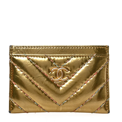 Chanel Metallic Calfskin Chevron Quilted Card Holder Gold 1 of 8