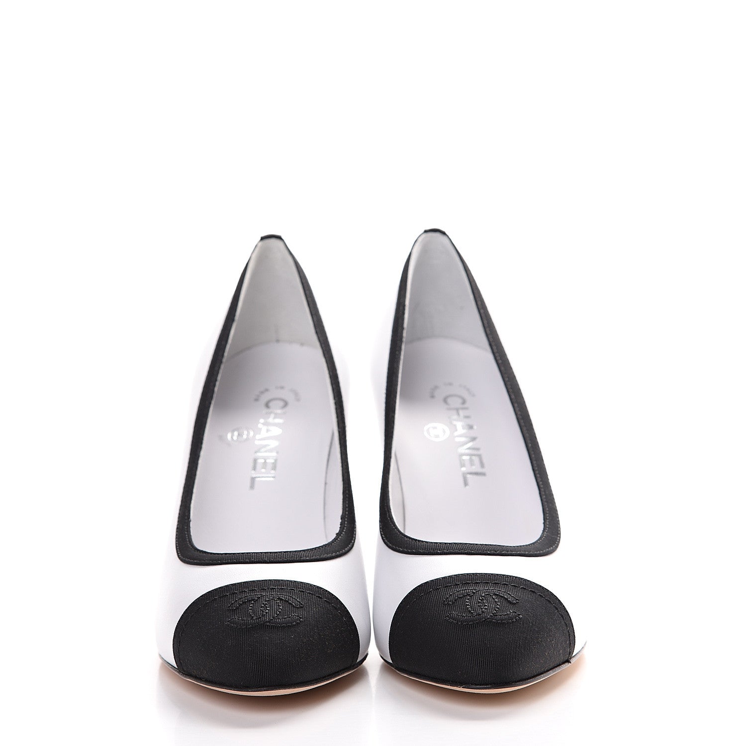 Chanel Lambskin Grosgrain Cap Toe CC Pumps 37 White Black 4 of 9