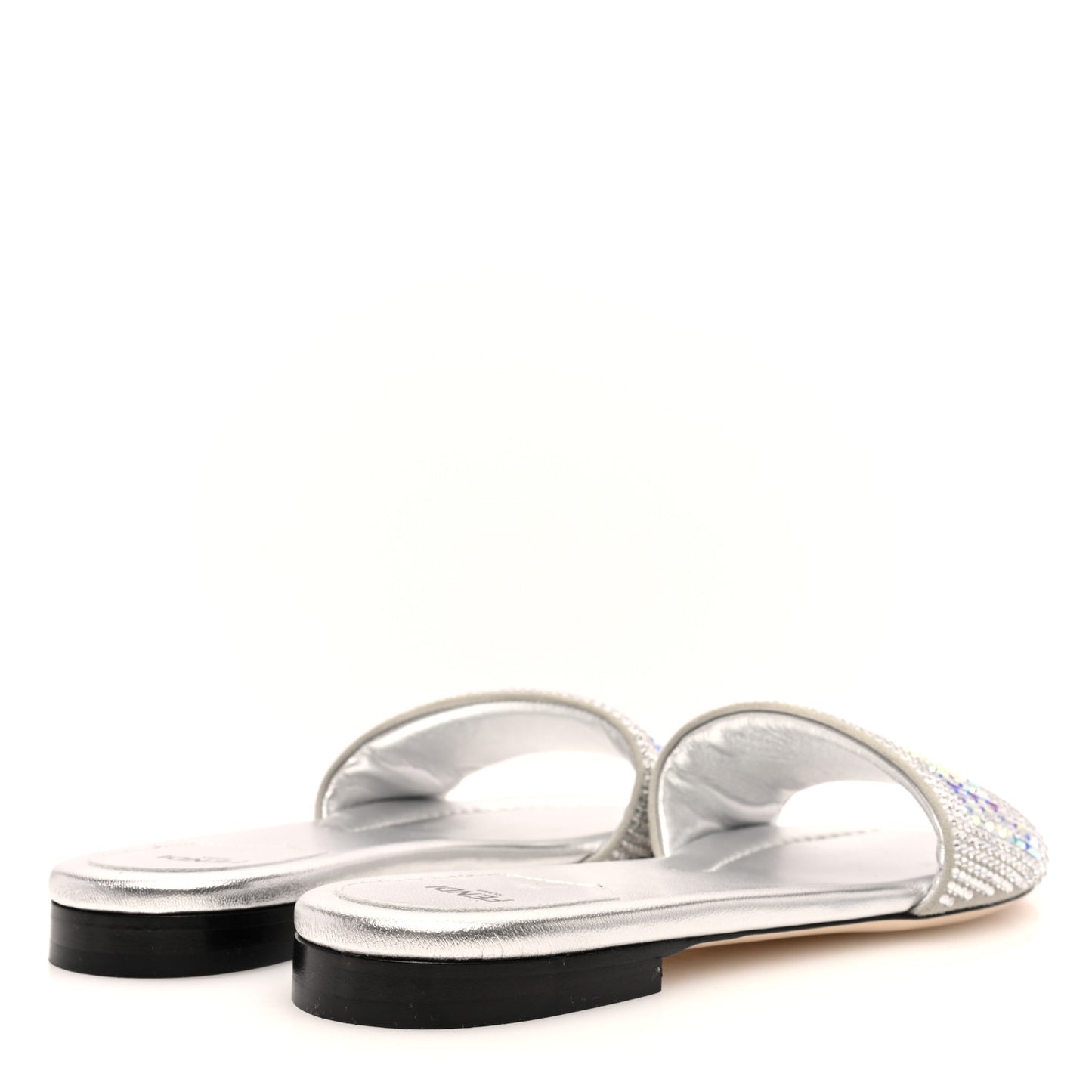 Laminated Goatskin Baguette Crystal Embroidered Signature Flat Slide Sandals 39 Silver