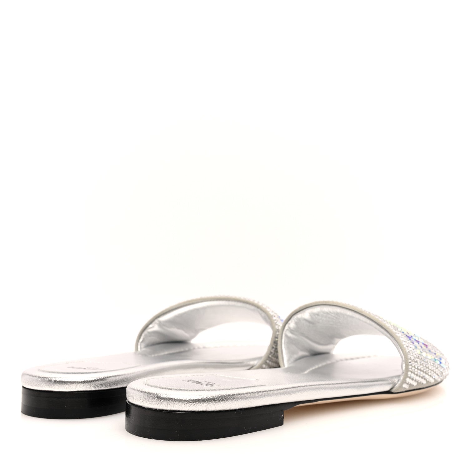 Fendi Laminated Goatskin Baguette Crystal Embroidered Signature Flat Slide Sandals 39 Silver 4 of 6