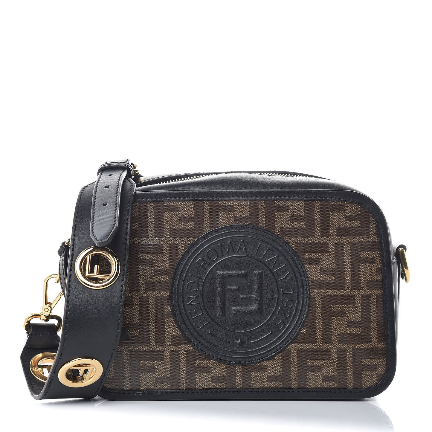 Glazed Fabric Vitello Century F is Fendi FF 1974 Stamp Patch Camera Case Mogano Panna Black