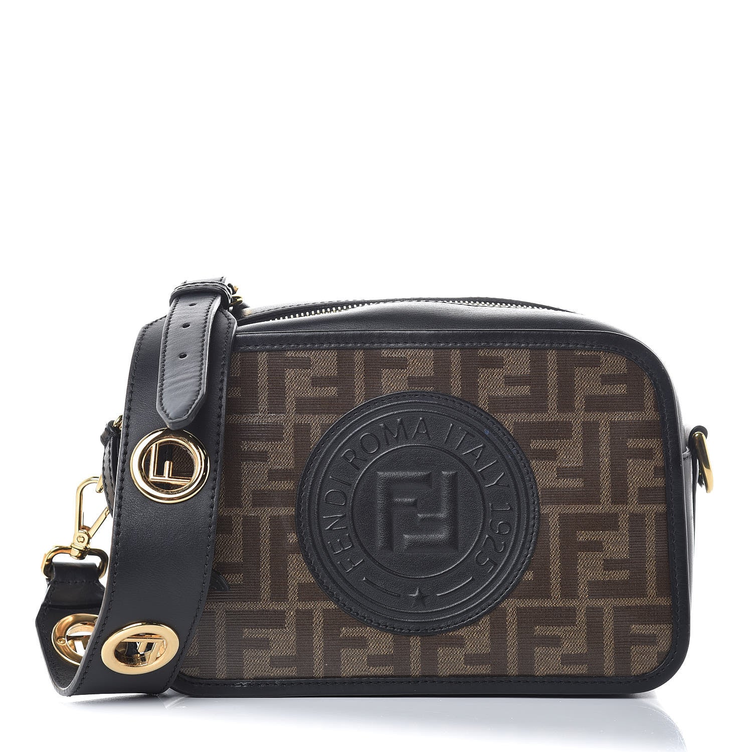 Fendi Glazed Fabric Vitello Century F is Fendi FF 1974 Stamp Patch Camera Case Mogano Panna Black 1 of 13