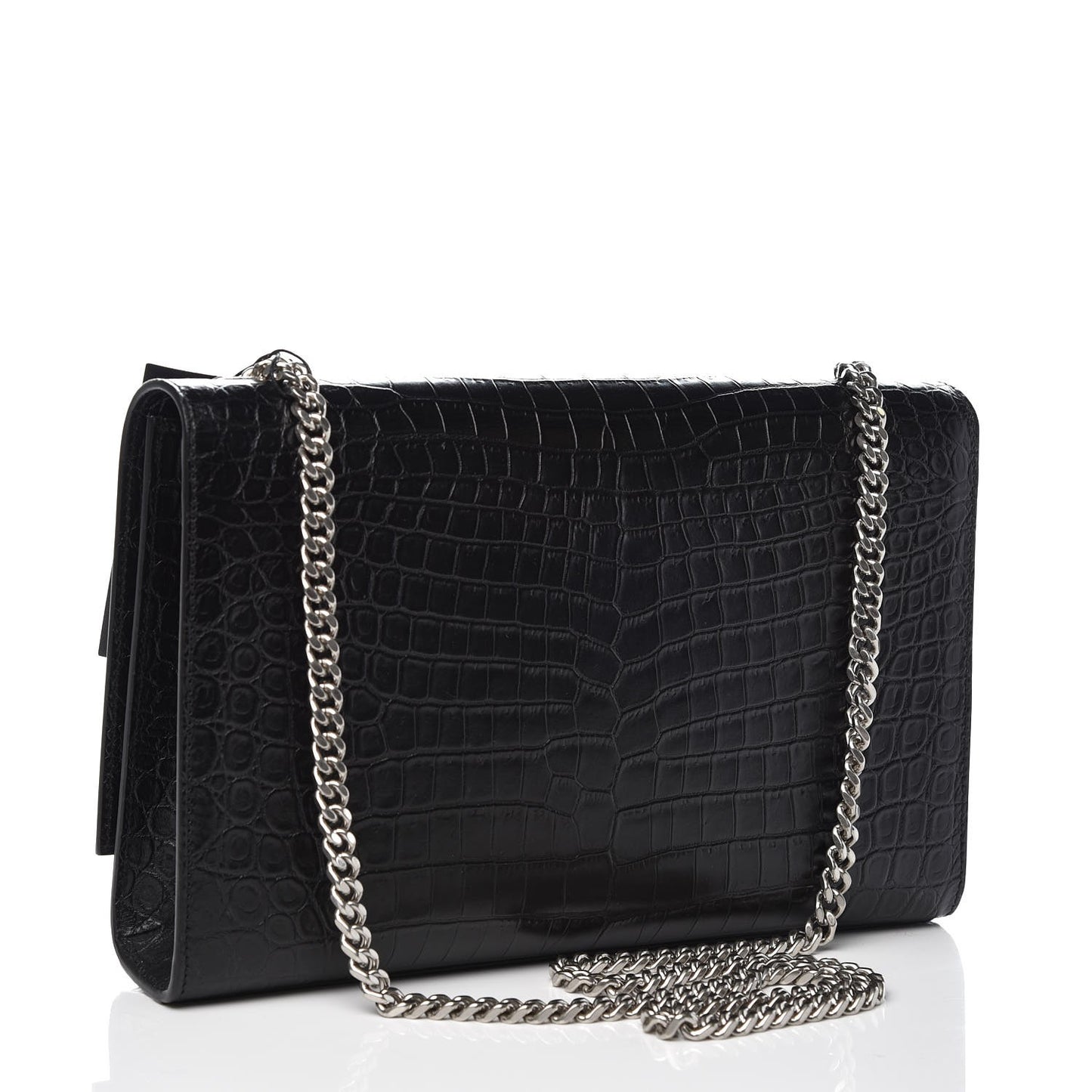 Calfskin Crocodile Embossed Large Classic Monogram Kate Satchel Black