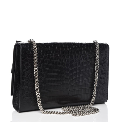 Saint Laurent Calfskin Crocodile Embossed Large Classic Monogram Kate Satchel Black 3 of 7