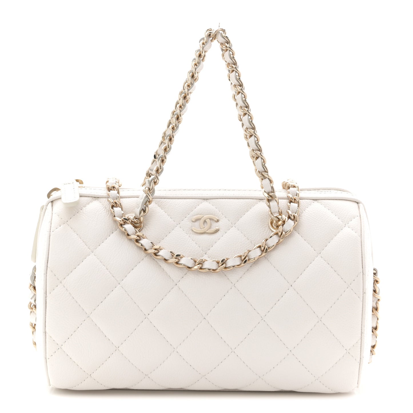 Caviar Quilted Barrel Clutch With Chain White