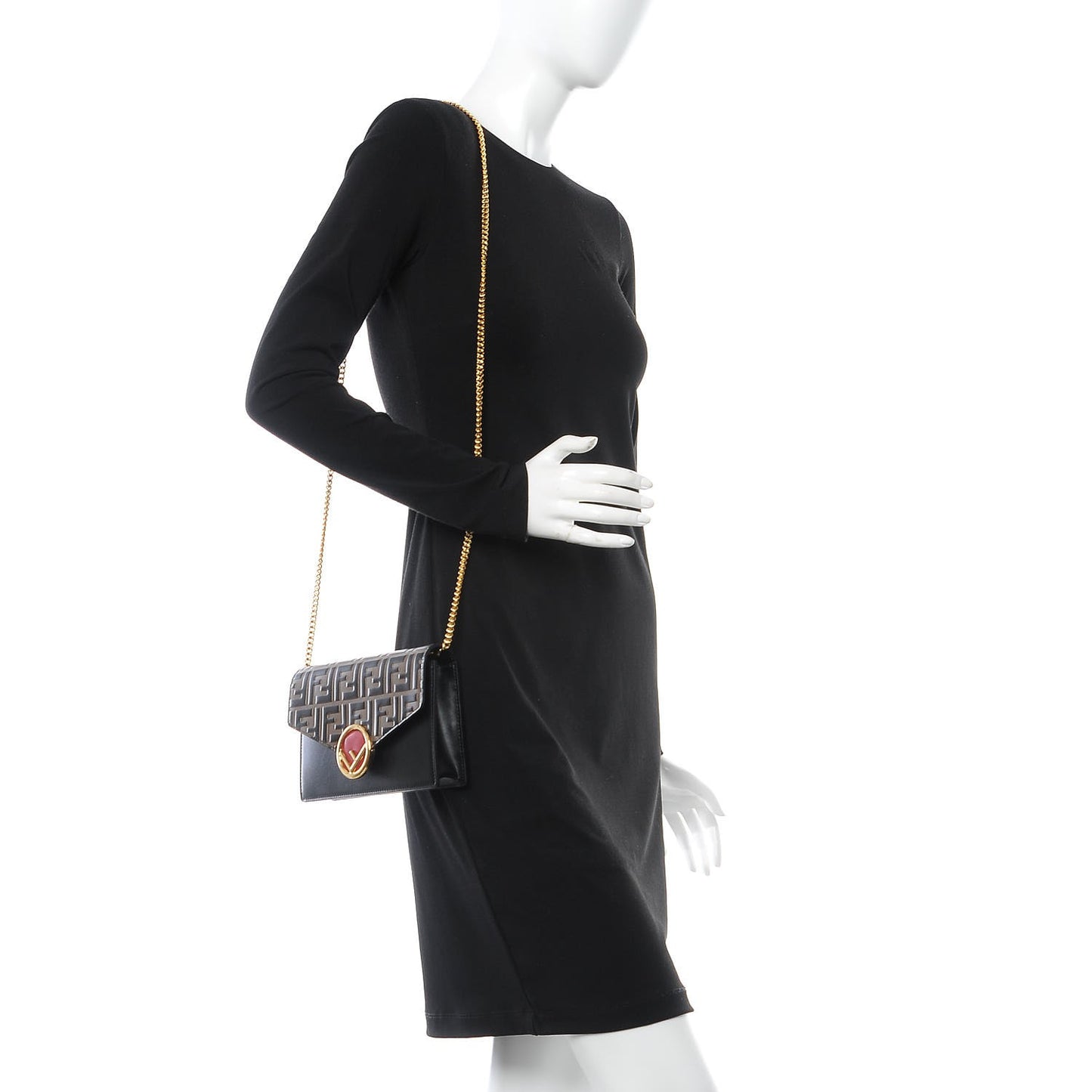 Vitello Liberty F is Fendi Bi-Color FF 1974 Embossed Medium Envelope Wallet On Chain Black Maya